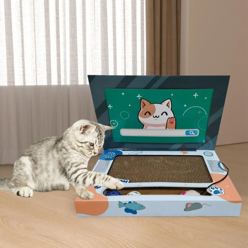 Cat Scratch Laptop Cat Teaser and Ball Track Pad Toy Computer TV Scratcher Cat Bed with Mouse Cat Accessories Cat Scratch Pad 4