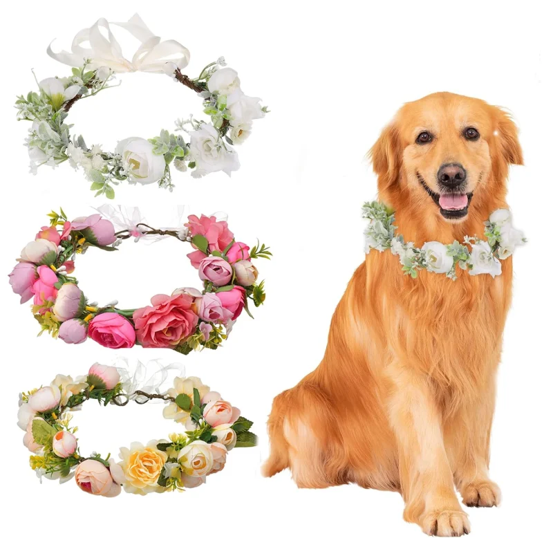 Adjustable Elegant Dog Wedding Flower Collar for Medium Large Dogs Cats, Pet Wedding Photo Props Costume Accessories