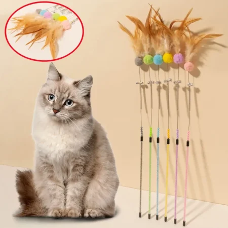 Cat Toys Feather Cat Stick Bite Resistant Steel Wire Spring Feather Interactive Cats Toy with Bell Wool Ball Kitten Toy Sticks 1