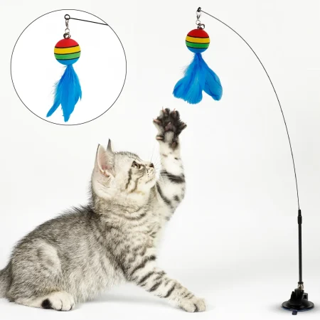 Funny Feather Ball Teaser Wand Toy with Bell Cat Interactive Toy Cat Stick Toy for Kitten Playing Teaser Wand Toy Cat Supplies