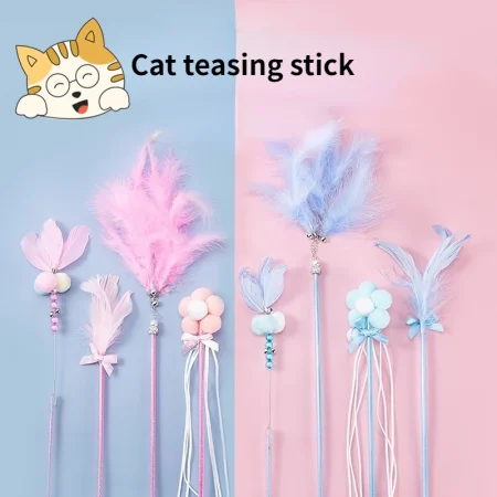 4PCS Simulation Feather Interactive Cat Toy Satin Ribbon Bell Cat Stick Toys Kitten Playing Teaser Wand Supplies Accessories