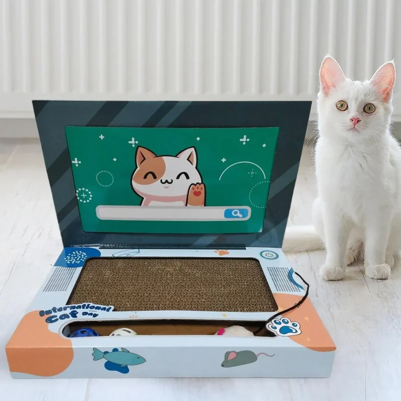 Cat Scratch Laptop Cat Teaser and Ball Track Pad Toy Computer TV Scratcher Cat Bed with Mouse Cat Accessories Cat Scratch Pad 3